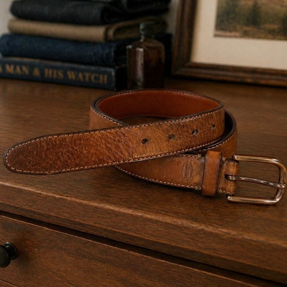 Fossil Leather Belt Mens 36 Brown Distressed Good Patina Contrast Stitch Casual
